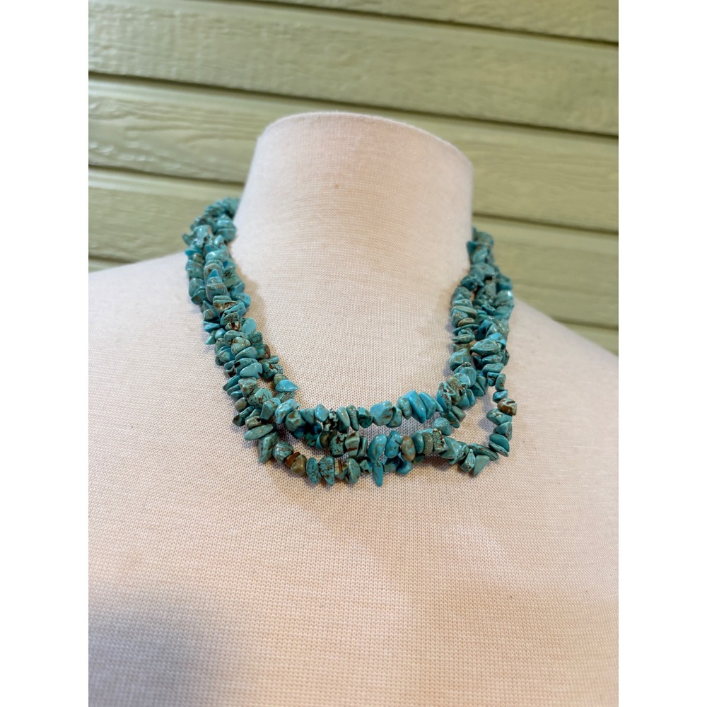 Esmor Turquoise Colored Stone Chip Multi Strand Necklace Silver Tone